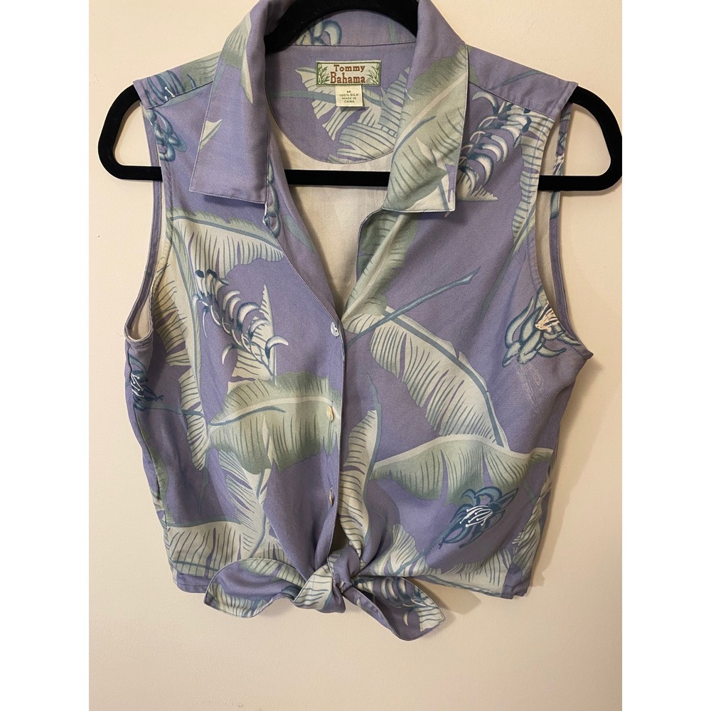 Tommy Bahama Silk Tropical Tie Front Shirt Lavender Resort Coastal Vacation M